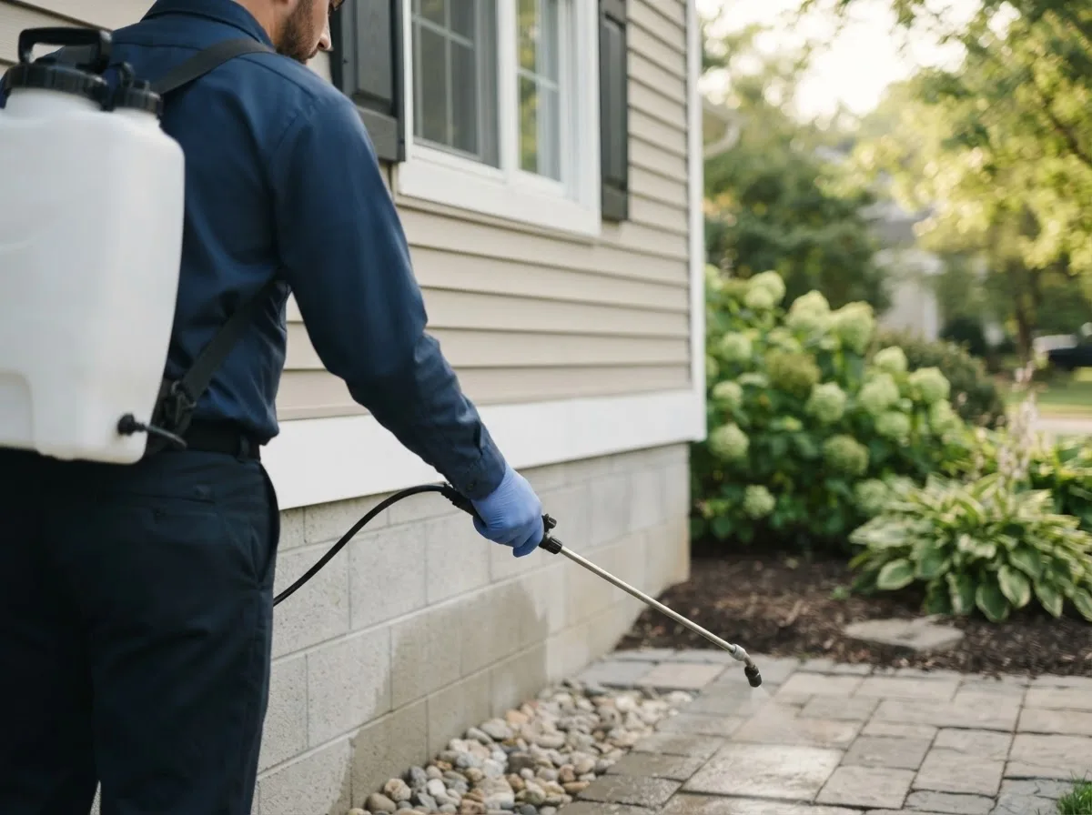 Pest control technician inspecting a home in Kiowa, OK